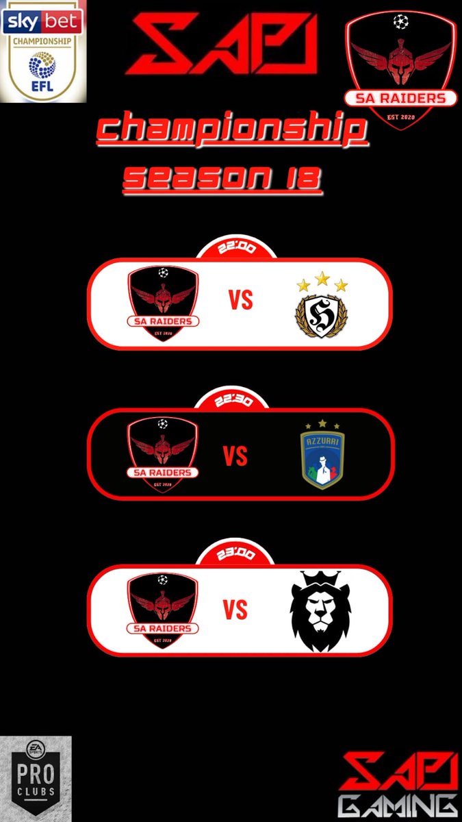 Tune in tonight, as the Raiders take on <a href="/HooligansSapl/">Sapl Hooligans</a> , <a href="/AzzurriSAPL/">Azzurri eSports</a> , and #Widemen, in @SAProClubatch day 4
🔥🔥🔥

Raiders let's gooooo!!!!