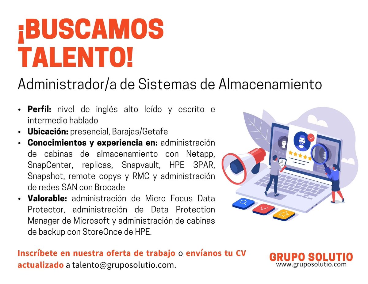 Grupo_Solutio's tweet image. Buscamos a un Administrador/a de Sistemas de Almacenamiento para incorporación estable en nuestro equipo en cliente ubicado en Madrid (Barajas y Getafe). 
➡ Aplica aquí: bit.ly/3zxrTIh
➡ Envíanos tu CV a talento@gruposolutio.com
#SolutioTalent #StorageAdmin #Storage