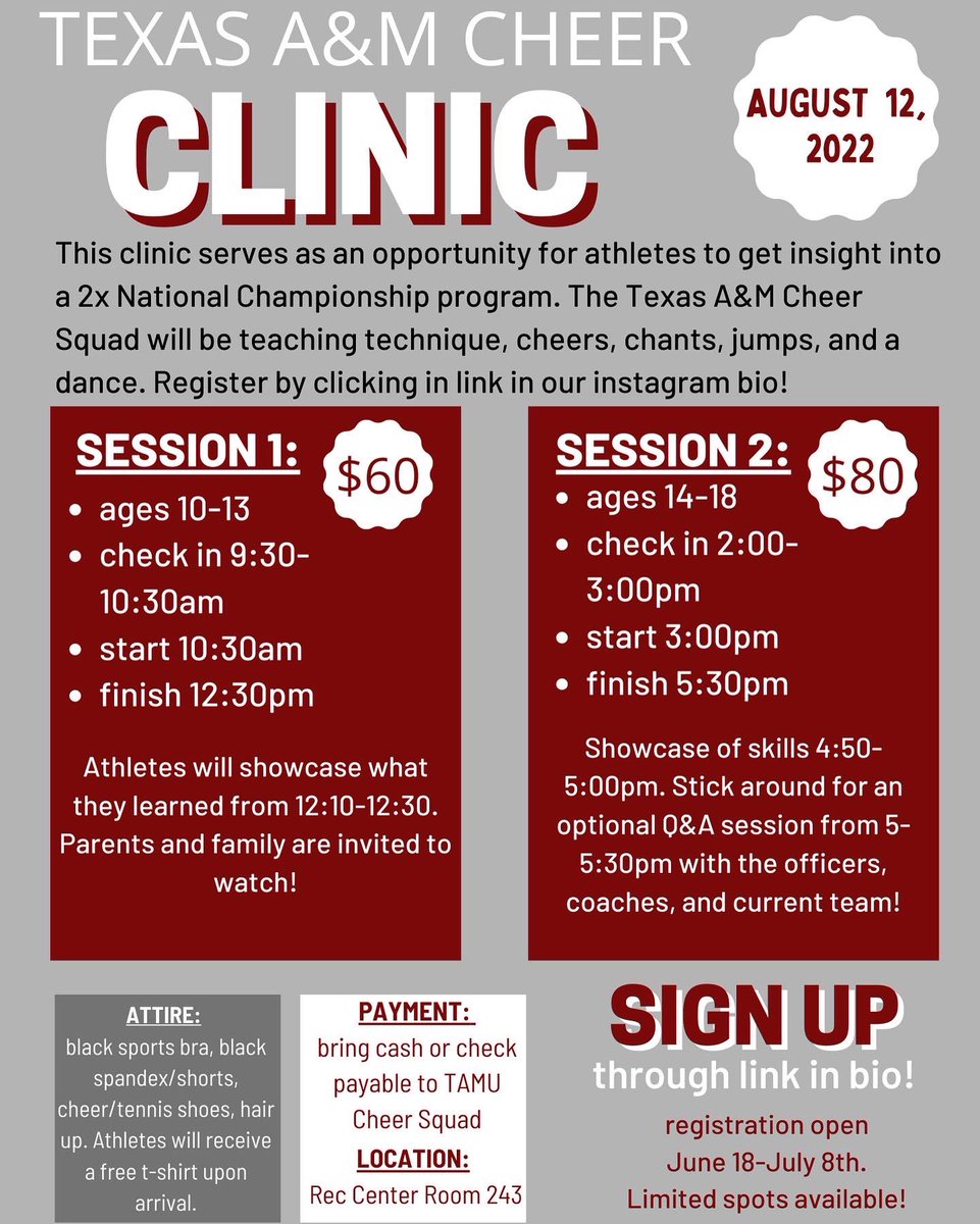 Excited to announce that the Texas A&amp;M Cheer Squad will be hosting a summer cheer clinic on Friday, August 12th. Session 1 will be a youth cheer clinic for ages 10-13. Session 2 will be a high school recruit clinic for ages 14-18. Registration will be open June 18th-July 8th.