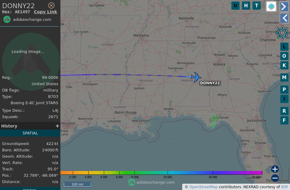 TheIntelFrog's tweet photo. E-8C Joint STARS #AE1497 as DONNY22 is eastbound out of Davis Monthan AFB, AZ. Possibly descending into Warner Robins AFB, GA. https://t.co/8RE3vP5eWc