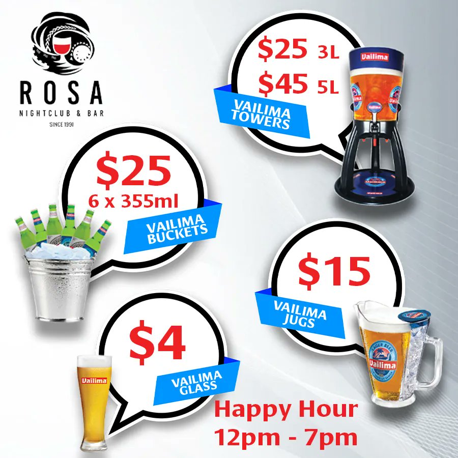 VailimaOfficial's tweet photo. 😎Happy Hours at ROSA Nightclub &amp; Bar Samoa  are starting early with a variety of Vailima Specials🤩 More to enjoy 🤩

#Vailima #TheTasteofSamoa https://t.co/m2zOiXUrFx