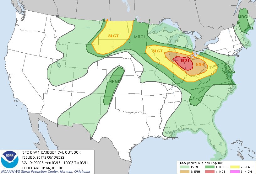 NWSSPC's tweet photo. 3:19pm CDT #SPC Day1 Outlook Moderate Risk: across portions of far southern lower Michigan into northeast Indiana and western Ohio https://t.co/GtEvHQ3UxE https://t.co/bjKRTWq3ap