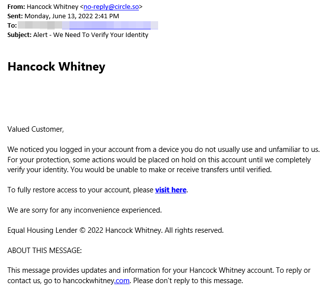 joshjaggard's tweet photo. #phishing hosted on @SkynetLabs (siasky[.]net) posing as @HancockWhitney. https://t.co/Rl8Z9dUnMy