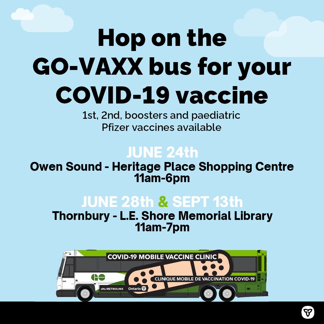 GBPublicHealth's tweet image. BEEP BEEP! #GOVAXX bus mobile vaccine clinics will be back in #GreyBruce a few times this summer to administer #covid19 vaccines to eligible individuals those who want them.

Appointments and walk-ins are available while supplies last.