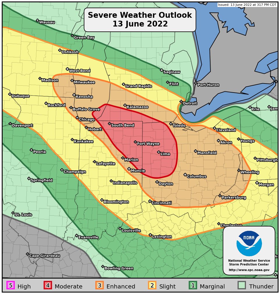 NWSSPC's tweet photo. 3:30pm CDT #SPC Public Severe Weather Outlook #PWO concerning #ilwx #inwx #miwx #ohwx #wiwx https://t.co/68rgFPMcN8 https://t.co/ElfwGwAuLz