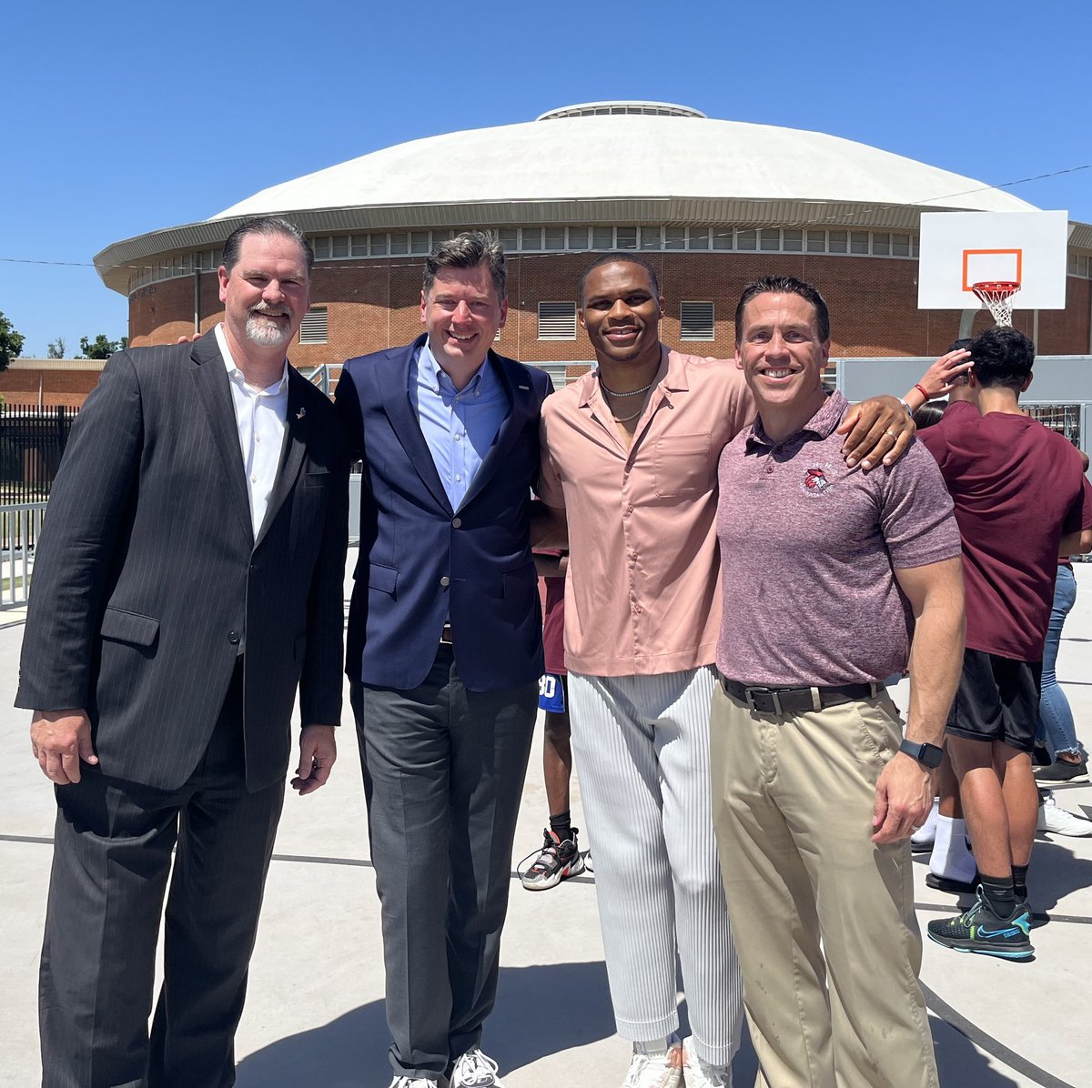 davidfholt's tweet photo. A special day as we cut the ribbon on a new futsal/basketball court funded by @russwest44 and his Why Not? Foundation. This new court at Capitol Hill HS in South OKC demonstrates Russ’s continued commitment to the kids of @okcps and the people of OKC. https://t.co/xeHburYFV3