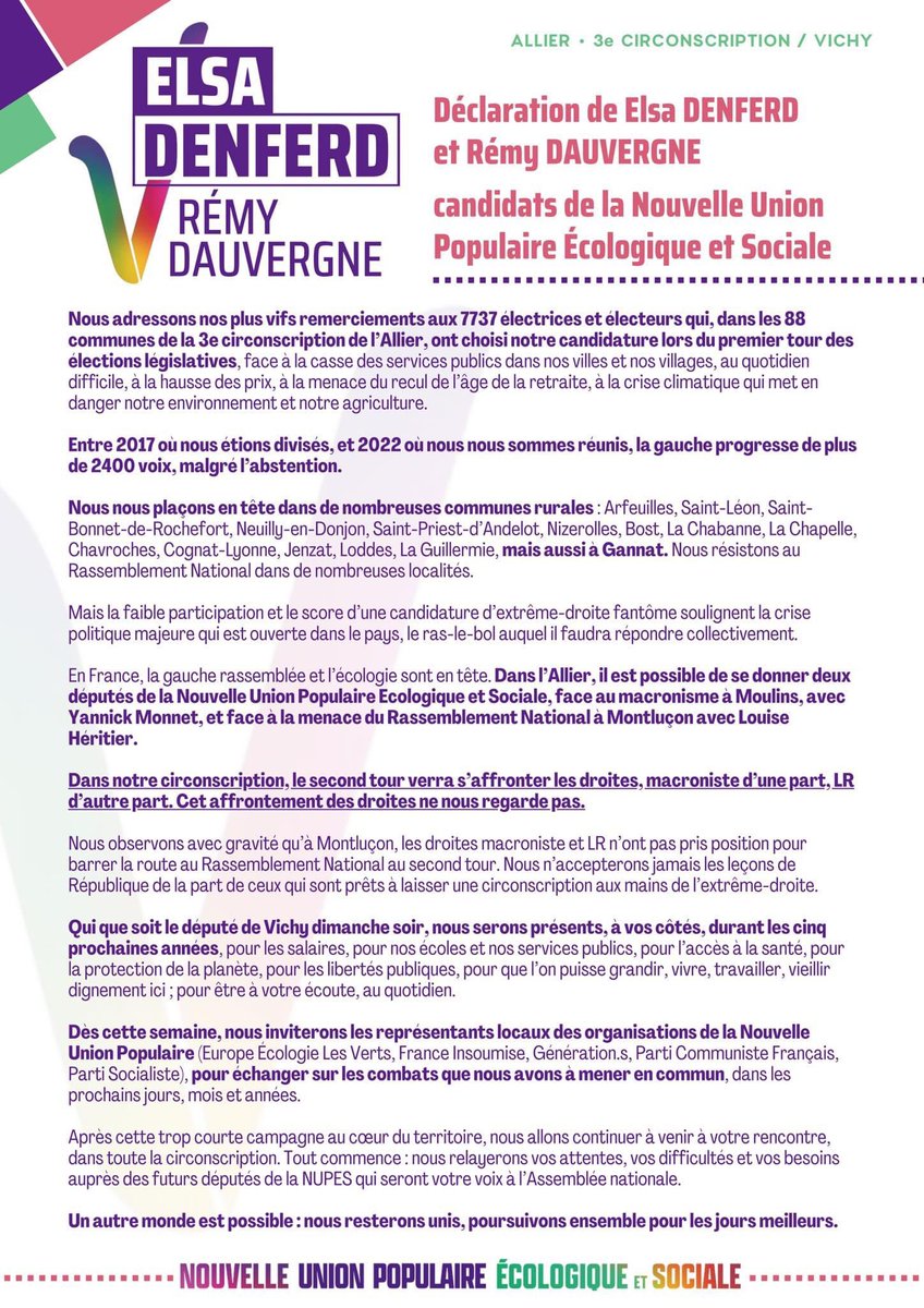 Denferd2022's tweet photo. 📣 DÉCLARATION DE Elsa DENFERD ET Rémy DAUVERGNE,
candidats de la Nouvelle Union Populaire Écologique et Sociale      🔴🟣🟢
Un autre monde est possible : nous resterons unis, poursuivons ensemble pour les jours meilleurs ✌️#nupes https://t.co/Wb1Uvfc4wL