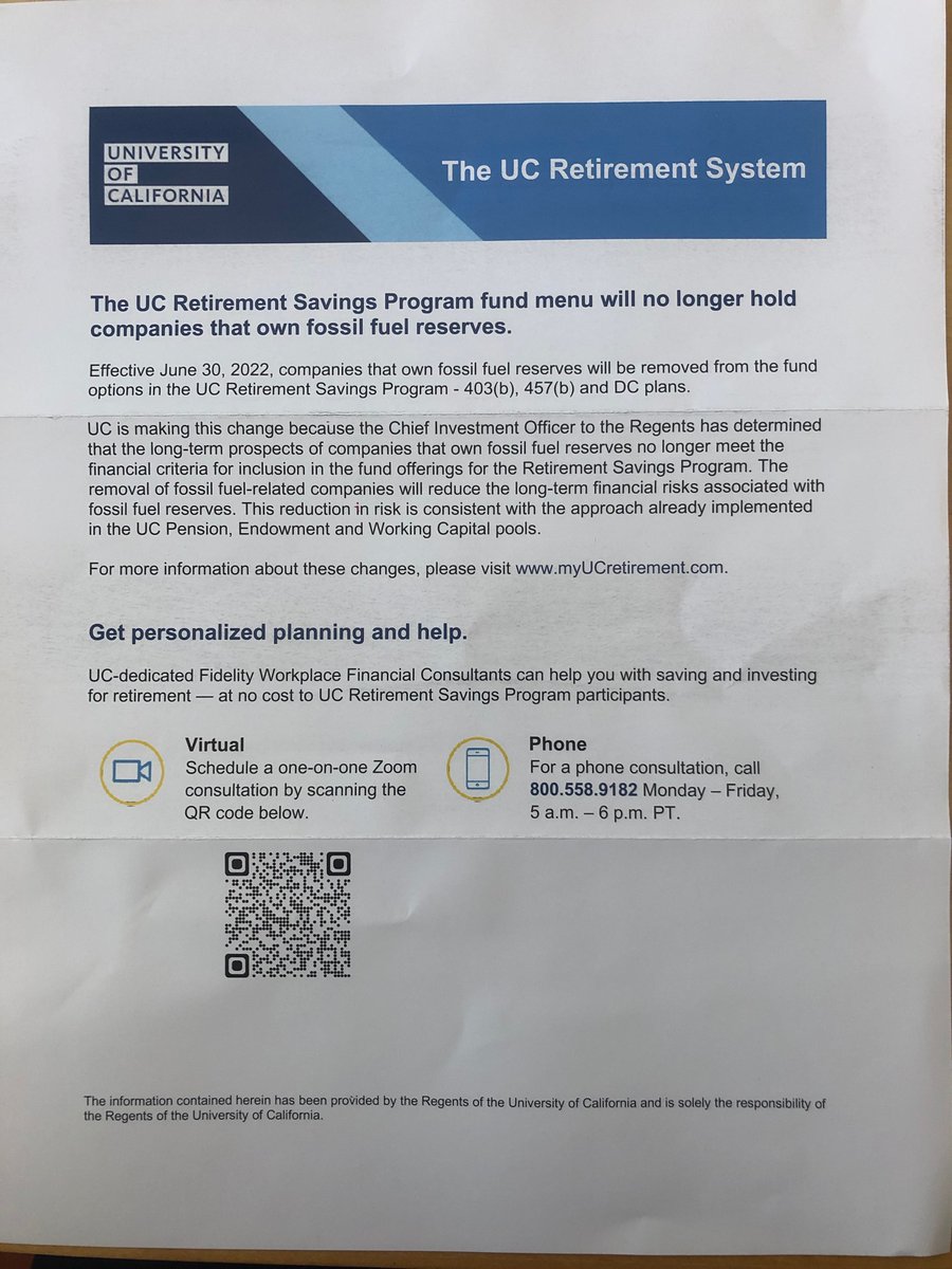 rebeccawdell's tweet image. Got this fascinating mail from @UofCalifornia.

Apparently the "long-term prospects of companies that own fossil fuel reserves no longer meet the financial criteria for inclusion in the fund offerings" of the UC Retirement system.

Fossil fuel divestment is just sound business.