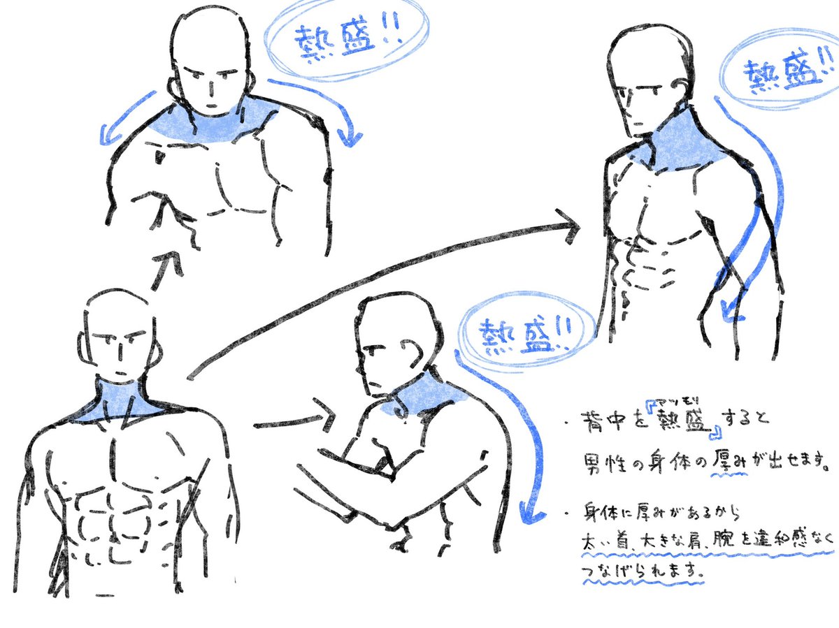 男性の身体を描くときに困らないように「厚みのある身体」を少しだけ具体的にしてみました。
キーワードは【熱盛‼︎】です。 