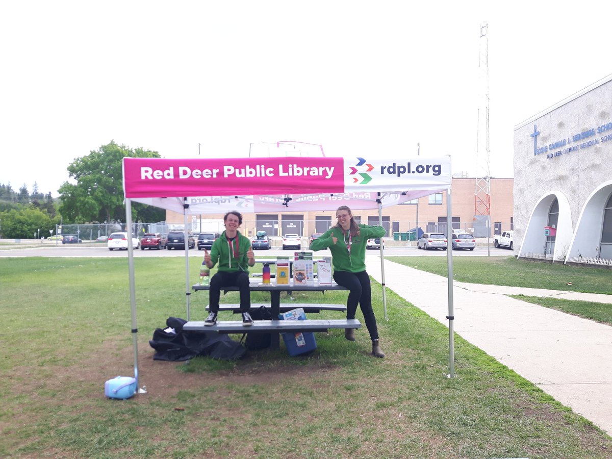 Come say hi in front of Camille School until 4pm! We're so excited to tell you all about the Summer Reading Club. #RDPL #RDPLBookBike #RedDeer #yqf