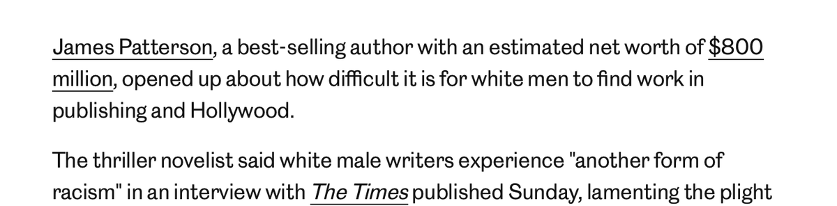 tariqnasheed's tweet photo. James Patterson has a net worth of almost a billion dollars from his writing career..

And now he's oppressed by some form of reverse racism?

Please make it make sense https://t.co/1tx18G4SXP