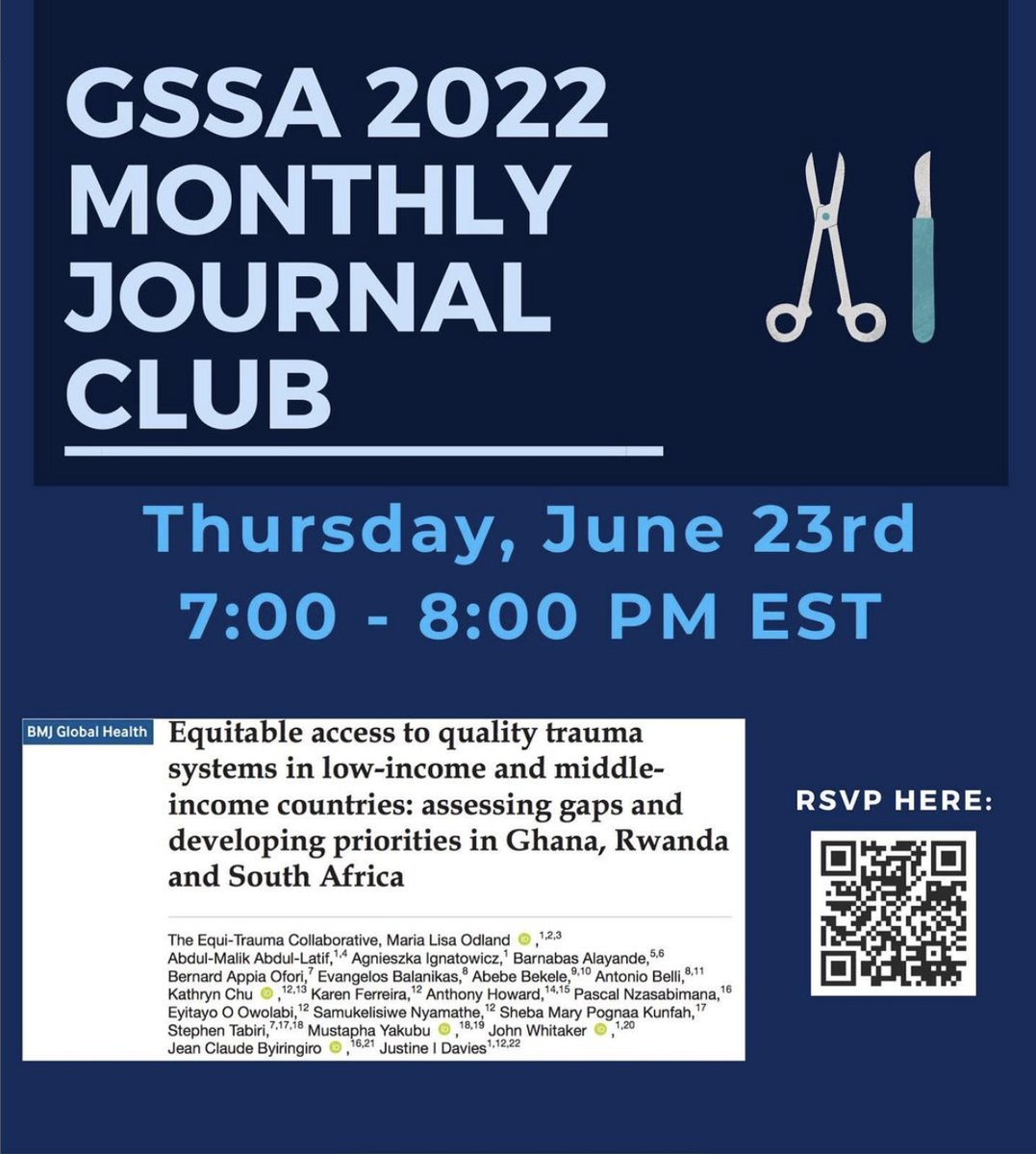 Join the GSSA Research Team for our Monthly Journal Club! Throughout 2022, we will be reviewing various manuscripts addressing each of the core indicators outlined by the Lancet's landmark "Global Surgery 2030" paper. 

RSVP: docs.google.com/forms/d/e/1FAI…