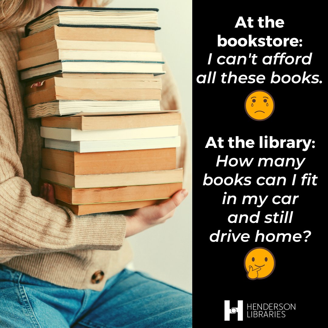 hendersonlibs's tweet photo. Don't be sad! 😢 Come to the library and check out all the books you can carry FOR FREE! 🤗 (Well, technically 35 items per library card, but that's still an armful!)
#useyourlibrarycard #smartestcardinyourwallet #publiclibrariesrule #hendersonlibraries https://t.co/vY8864sHWo