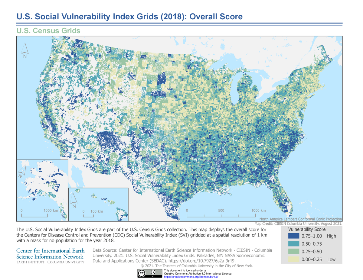 ciesin's tweet photo. A new U.S. Social Vulnerability Index Grids dataset from NASA's Socioeconomic Data and Applications Center supports environmental justice+hazard response applications. Learn about the data: https://t.co/rUXPKMG2eg #NASAsedac @columbiaclimate https://t.co/oQqZw8MP2t