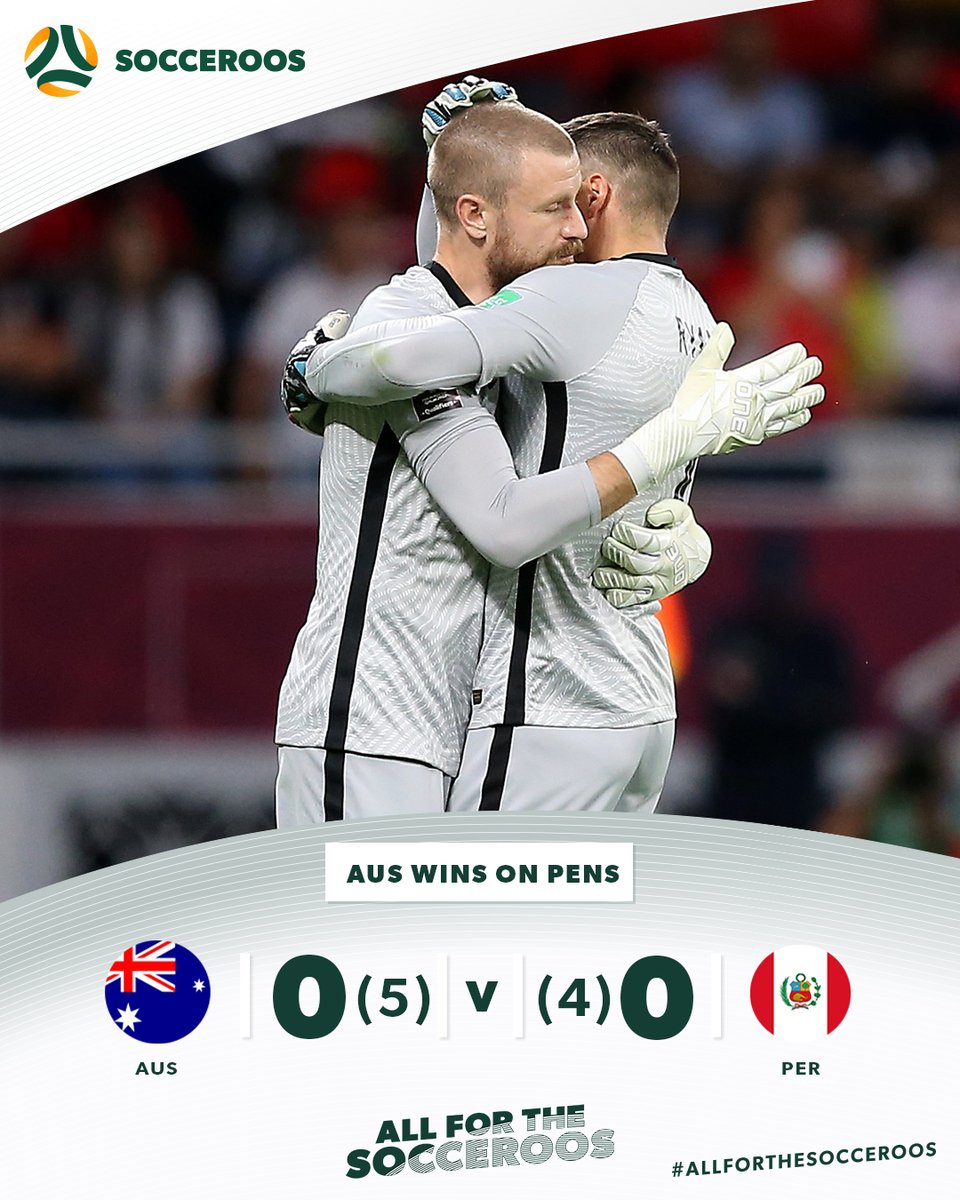 𝗤𝗨𝗔𝗟𝗜𝗙𝗜𝗘𝗗! WE ARE GOING TO OUR SIXTH WORLD CUP!  

Andrew Redmayne is the hero as the Socceroos defeat Peru 5-4 on pens in Doha.  

 #AUSvPER #GiveIt100 #AllForTheSocceroos