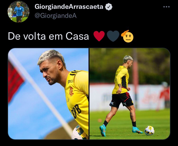 OsFlamengo's tweet photo. Notícia importante:

Após defender a Seleção Uruguaia no período de Data-Fifa, o meio-campista Arrascaeta está de volta ao Flamengo. O jogador se reencontrou com o grupo no treinamento realizado nesta segunda-feira (13), depois da folga concedida aos atletas no último domingo(12) https://t.co/F33pVpGb52