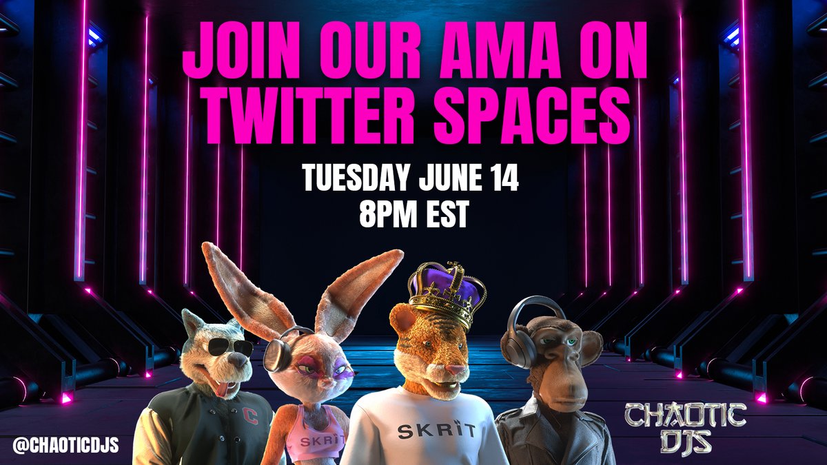 Join our AMAs to learn more about the Chaotic DJs NFT project, the founders, the utilities, & how we plan to shake up the music festival & nightlife industry. 🎉 We're bringing that chaos we all want & love. 🙌🏼 🔗: twitter.com/i/spaces/1eaKb…