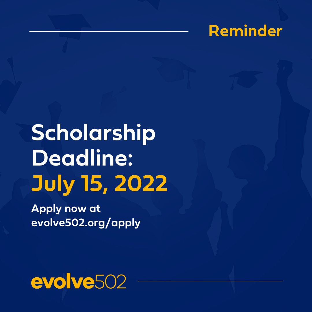 Reminder: our scholarship application closes 7.15.22! Eligible students could earn an associate degree, credential or up to 60 credit hours TUITION-FREE at <a href="/KCTCS/">KCTCS</a>, <a href="/Jefferson_JCTC/">Jefferson JCTC</a>, or <a href="/SCKY_1879/">Simmons College of Kentucky</a>. <a href="/JCPSKY/">JCPS</a> Class of 2022 grads can view eligibility &amp; apply at evolve502.org/apply