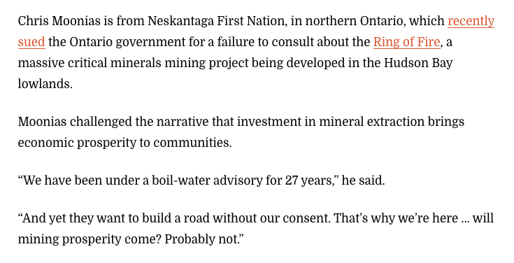 Some strong quotes from our speakers <a href="/AliqaIllauq/">Aliqa Illauq</a> and Chris Moonias from the #disruptPDAC rally this morning in this coverage from Northwest Territories about the #PDAC2022 mining convention. #disruptPDAC #RingOfFire #cdnmining cabinradio.ca/96694/news/env…