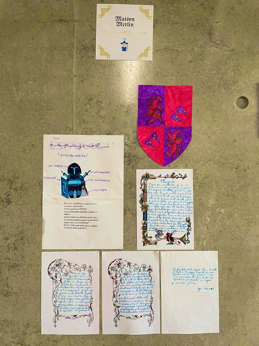 HallezG's tweet photo. Exposition des chefs-d’œuvre dans le cadre du projet #Novigado😅! Réalisation d’1 blason en mathématiques⚜️, lettres de seigneuries en histoire 🏰et français🪶, création + portrait d’1 chevalier en espagnol🇪🇸! 🚀💪 Merci 🙏🙏🙏 @XG_lp2i @lyoniplika @reseau_canope #activelearning https://t.co/QtQbU8cQlj