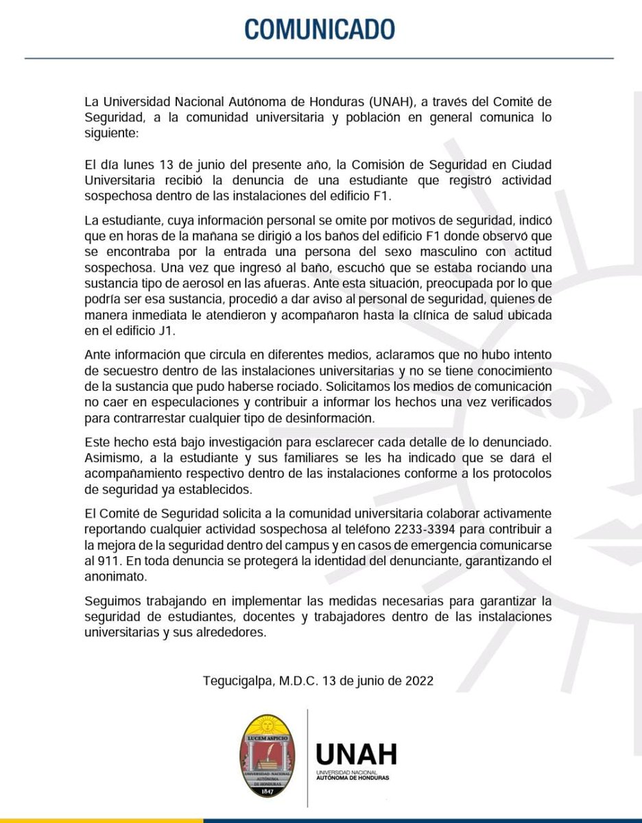 UNAHoficial's tweet photo. Comunicado sobre respuesta inmediata de Seguridad ante actividad sospecha reportada este día en Ciudad Universitaria. https://t.co/1Fles8qZWA