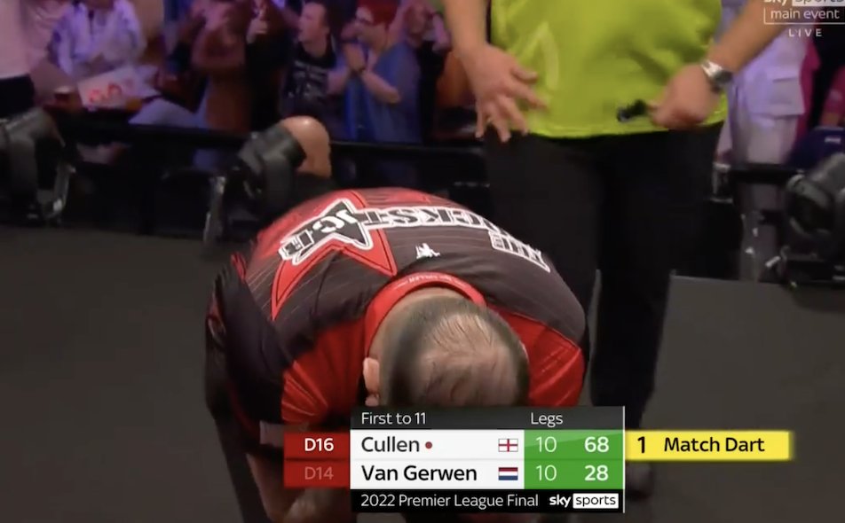 HighRollerRadio's tweet photo. The Tale of Two Trips to the Oche!
Slam those darts down big fella, slam them down.
Joe Cullen misses match dart, and MvG doesn't.
#Darts #PremierLeagueDarts https://t.co/xQxRPeCjIV