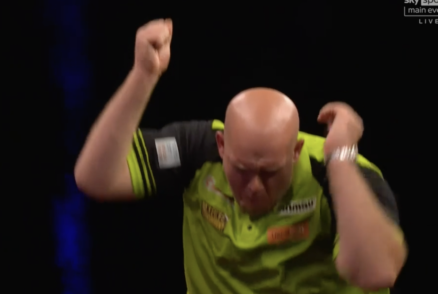 HighRollerRadio's tweet photo. The Tale of Two Trips to the Oche!
Slam those darts down big fella, slam them down.
Joe Cullen misses match dart, and MvG doesn't.
#Darts #PremierLeagueDarts https://t.co/xQxRPeCjIV