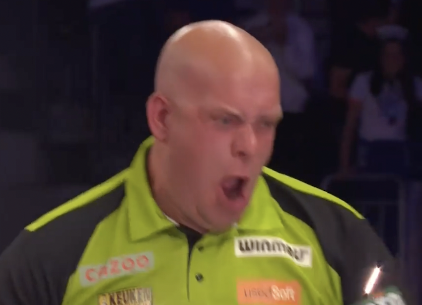 HighRollerRadio's tweet photo. The Tale of Two Trips to the Oche!
Slam those darts down big fella, slam them down.
Joe Cullen misses match dart, and MvG doesn't.
#Darts #PremierLeagueDarts https://t.co/xQxRPeCjIV