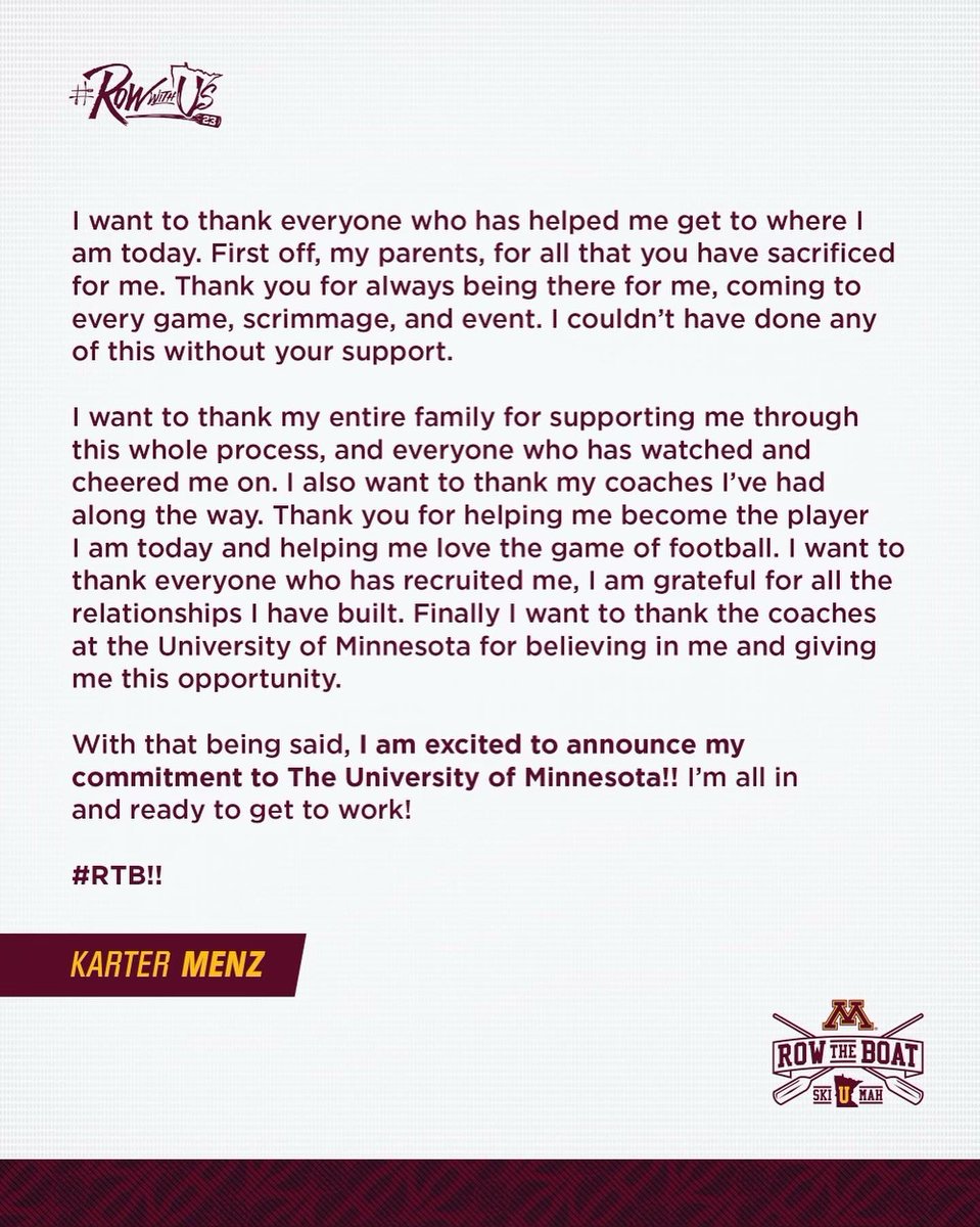 KarterMenz's tweet photo. 1000% COMMITTED!! 〽️ #RTB @Coach_Fleck @GopherFootball https://t.co/D28rs0eyBp