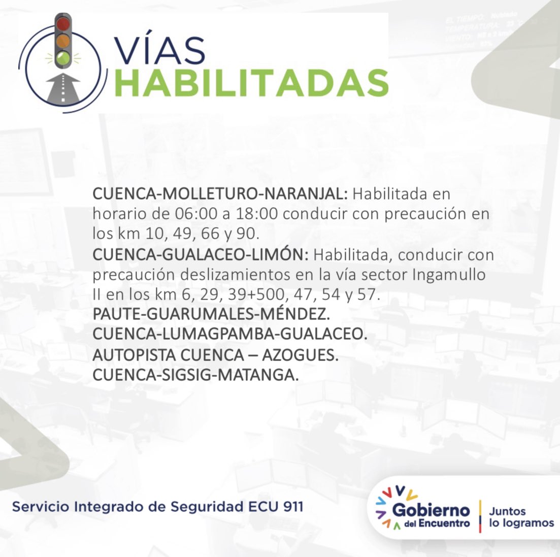 ECU911Austro's tweet photo. #VíasECU911 | Conozca el reporte actualizado de las vías en #Azuay y #Cañar. 

Evite utilizar su celular mientras conduce y mantenga la atención en el camino. https://t.co/DZqmeg69wL