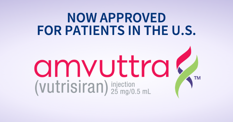 Alnylam's tweet photo. We’re thrilled to share the news that we have received @US_FDA approval for AMVUTTRA (vutrisiran), the fifth #RNAi therapeutic developed by Alnyam to receive regulatory approval in less than four years. #raredisease #biotech #RNAitherapeutics #siRNA