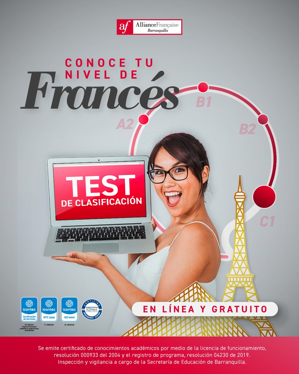 AFBarranquilla's tweet image. ¿Sabes un poco de francés? 🤔 ponlo a prueba y conoce tu nivel. 😎
🧾 Realizando nuestro test virtual, no solo verificarás tus conocimientos 🧠, si no que podrás adelantar algunos niveles. 😏
#AFBarranquilla #AprendeFrances #CursosFrances #FranciaEnBarranquilla #TestNivelatorio