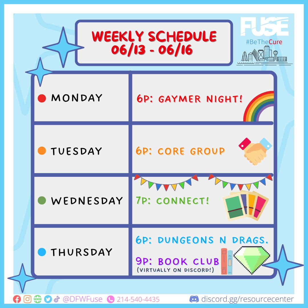 We're back in-person! Here is our calendar for the week! 

Fuse is a Social Group for 18-35-year-old guys who like other guys!

#DFWFuse #DFWFuse #gay #gaydallas #dallaslgbt #dallaslgbtq