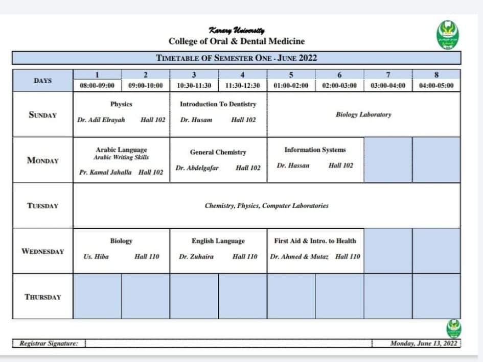 جدول محاضرات الفصل الاول للدفعة الثانية عشر لكلية طب الفم والاسنان - يونيو 2022.

نتمنى لهم كل التوفيق ❤️