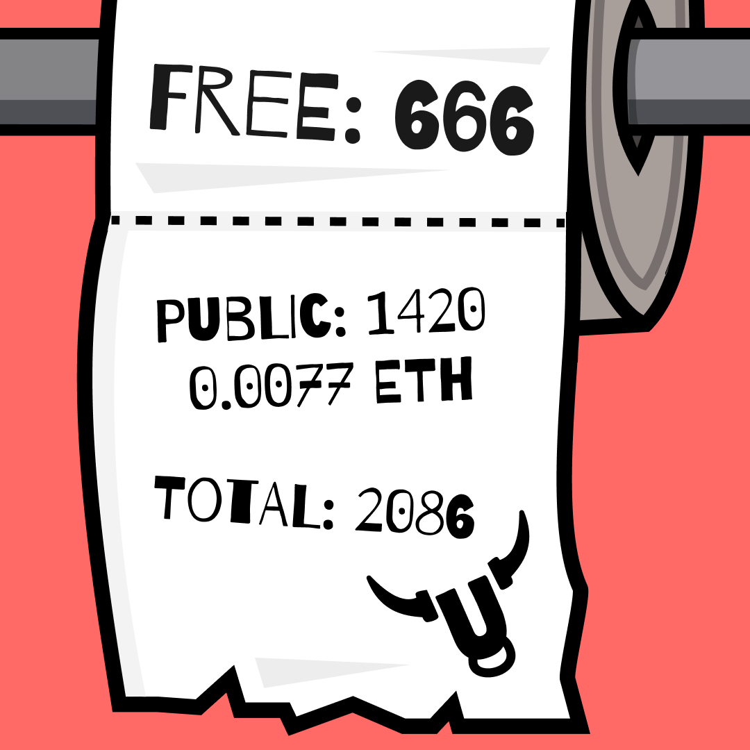 DiminishingBull's tweet photo. Sounds like a plan, uh bulls? Let's call it Bullonomics

⤷ 666 - Free Mint (gas only)
⤷ 1420 - Public sale, 0.0077 ETH 
⤷ 2086 - Supply

Market is dead, bottom after bottom, but bulls are still standing. Diminishing, but alive.

#FreeMint #FreeMintGiveaway #NFTCommmunity https://t.co/5rQKwdWYha