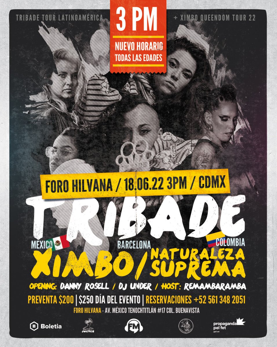 BlancaLechuza's tweet photo. ¡¡NUEVO HORARIO!!
Este 18 de junio @ximbomb, #NaturalezaSuprema y #Tribade se presentan en el @FCHilvana con un horario para todas las edades: 3:00 P.M.
Además de Invitados: Danny Rossel, DJ Under y Remambaramba de Host.
@frequencymx
⬇⬇🔥🎟🎟🔥⬇⬇
https://t.co/LHyChe0MSU https://t.co/h1Yjp5n0Au