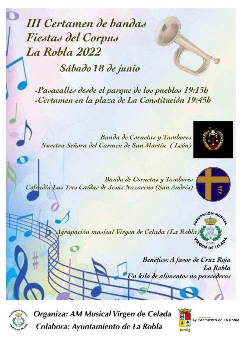 III CERTAMEN DE BANDAS FIESTAS DEL CORPUS LA ROBLA 2022.

🗓️ 18 de junio
⏰ 19:45h (pasacalles previo desde el parque de los pueblos)
📌 Plaza de la Constitución.

💜💛¡Que suenen cornetas y tambores!💛💜