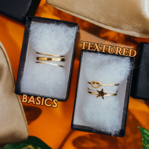 Here's a look at what your mystery stacking ring grab bags could look like! Choose from either BASIC aka minimal stacking rings, or TEXTURED aka more dimensional pieces. Both options will have size ranges to choose from and upgrades for picking your metal at checkout :)