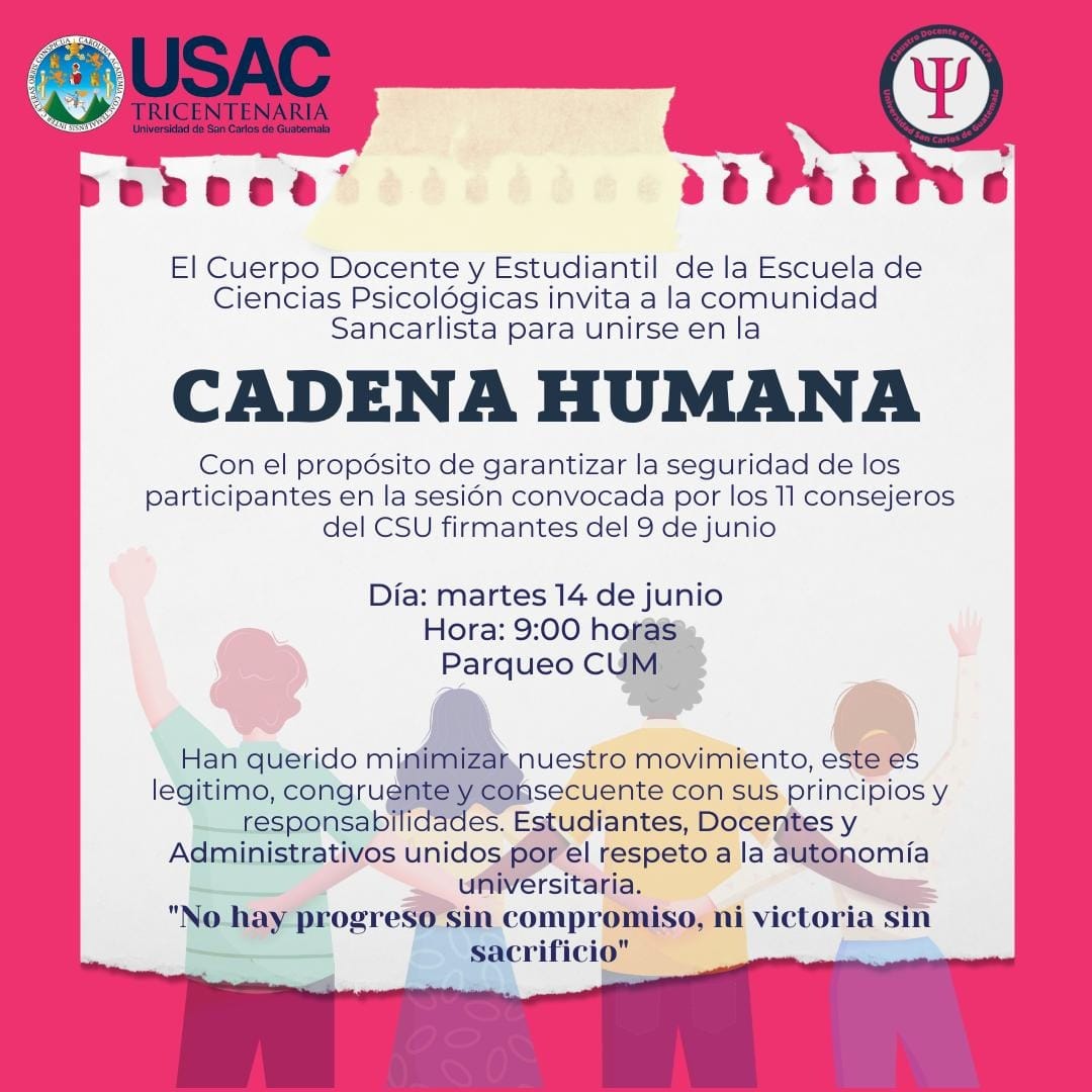 ClaustroPsico's tweet photo. Convocamos a la comunidad sancarlista a unirse a la #cadenahumana mañana martes 14 a las 9:00 en el CUM https://t.co/Xj1y3jEFhL