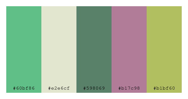 ColPaletteBot's tweet photo. Beep beep, here's a pretty color palette for you!
color-scheme.js parameters used:
- hue: 341
- variation: soft
- colors: #60bf86, #e2e6cf, #598069, #b17c98, #b1bf60
Have a lovely evening!
#twitterbot #colorpalette #colors #palette #prettycolors https://t.co/LMY3C5kTxc