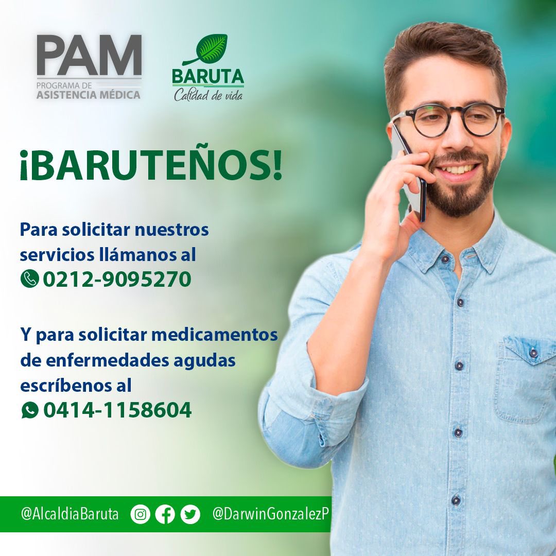 AlcaldiaBaruta's tweet photo. ¡Vecino! PAM Baruta siempre está disponible para ti 🚑 puedes recibir nuestros servicios a través del número: 

📞 0212-9095270

Para medicinas de enfermedades agudas 💊 

 📞 0414-1158604 https://t.co/ubaymlyDVr