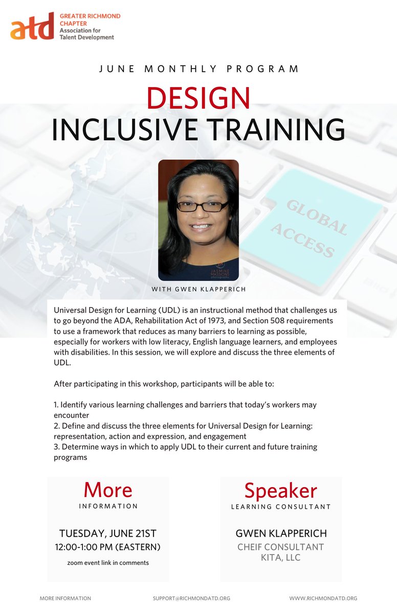 RichmondATD's tweet photo. Did you know the Greater Richmond chapter of the Association for Talent Development (#ATD) hosts monthly events for members and guests?
🌞Our speaker for June is Gwen Navarrete Klapperich!
🎙 Are you interested in speaking to our community of practice? Check the replies for link! https://t.co/F1QG1OOLAq
