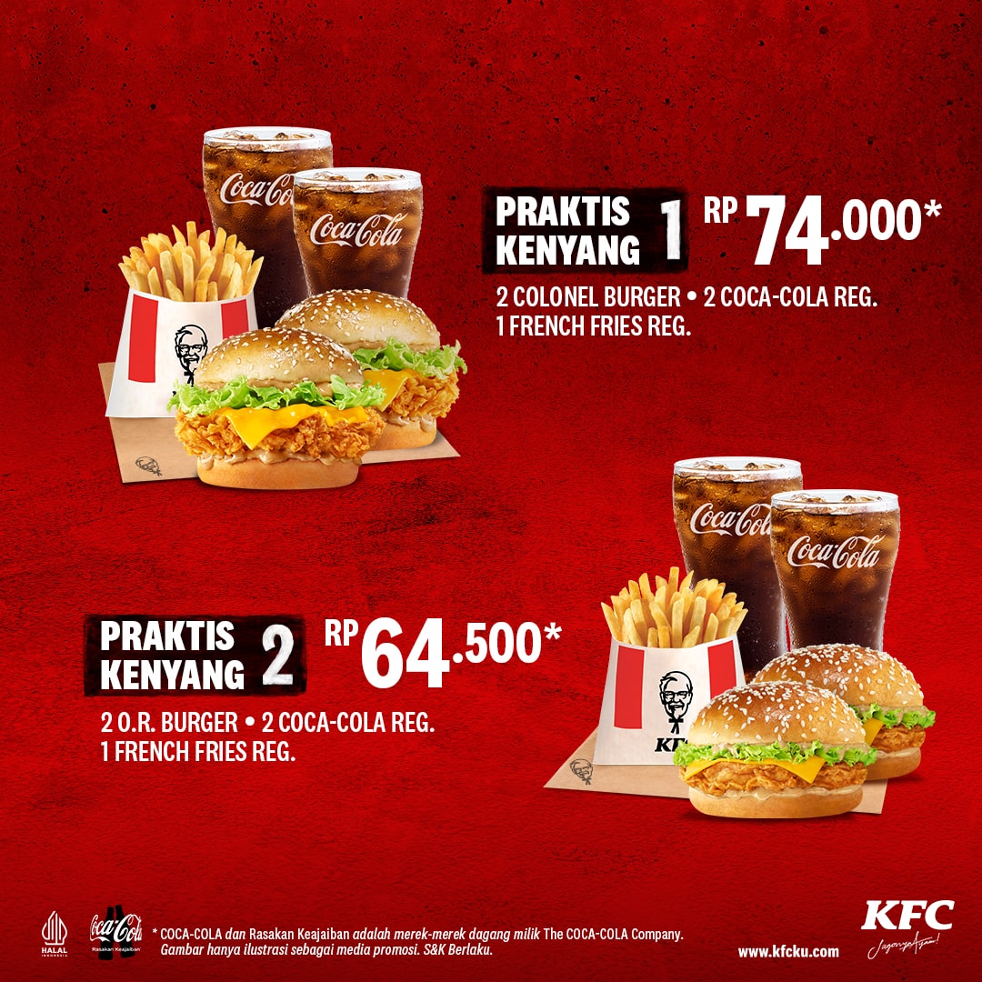 KFCINDONESIA's tweet photo. Menunya banyak, ada gratisnya juga, kombo apa ya? Udah pasti Kombo Praktis Kenyang!
Sekarang setiap pembelian Kombo Praktis Kenyang, gratis* Coca-Cola 250ml lohh. Pilihan menu nya juga banyak ada Red Hot Bento dan 4 burger baru KFC!
#KFCIndonesia #kfcpraktiskenyang #kfcpromo https://t.co/59Sn8Ne1ks