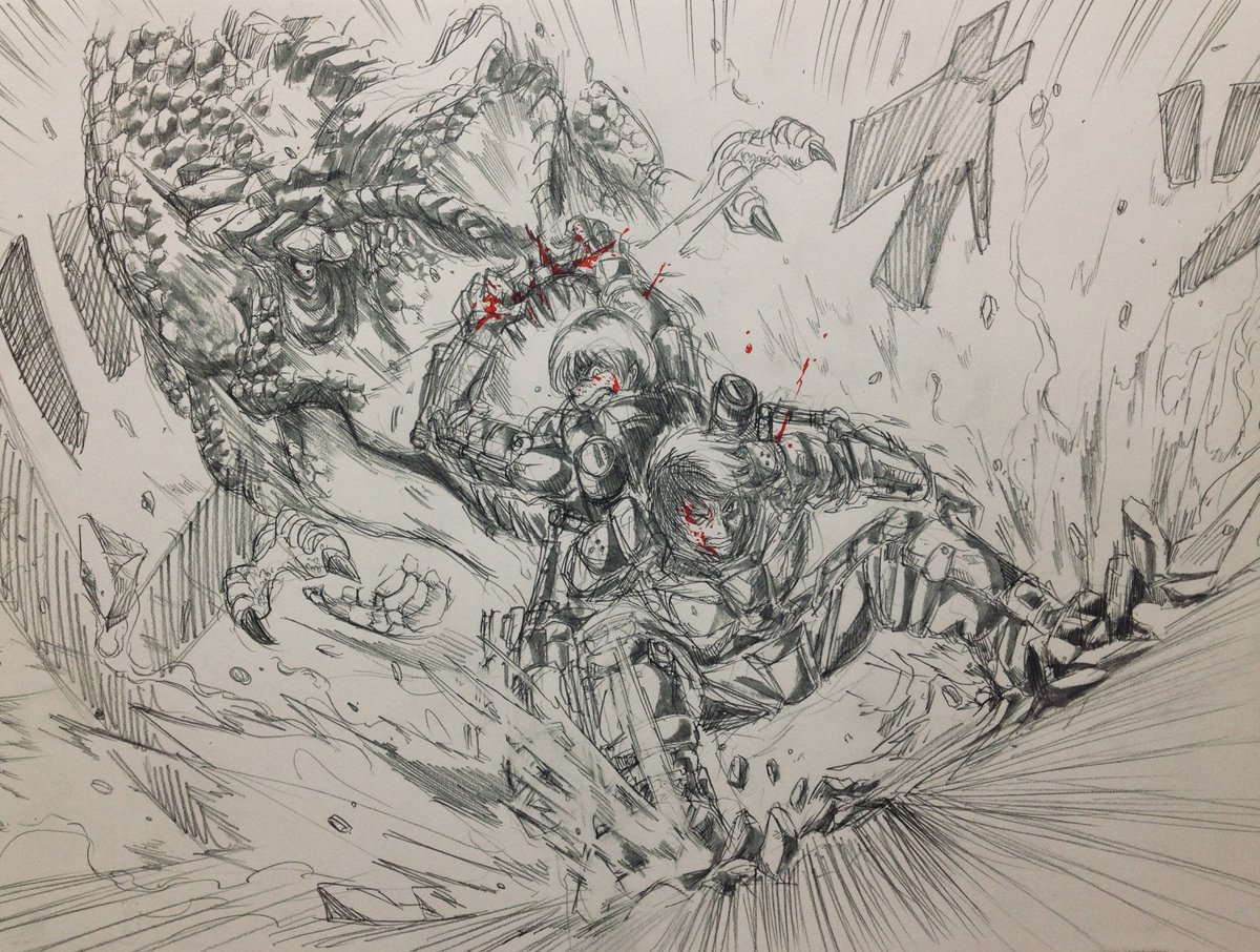 恐竜マンガを描き始めて少し経った2014年頃は、バトル系を求められる中試行錯誤する日々で、恐竜と闘うマンガは自然な流れでした。スナイパーとエクソスーツの2種類で描いてましたが連載叶わず(実力不足)。だから今回エグゾプライマルが出てきたのは正直悔しい気持ちもあり、それ以上に楽しみです。