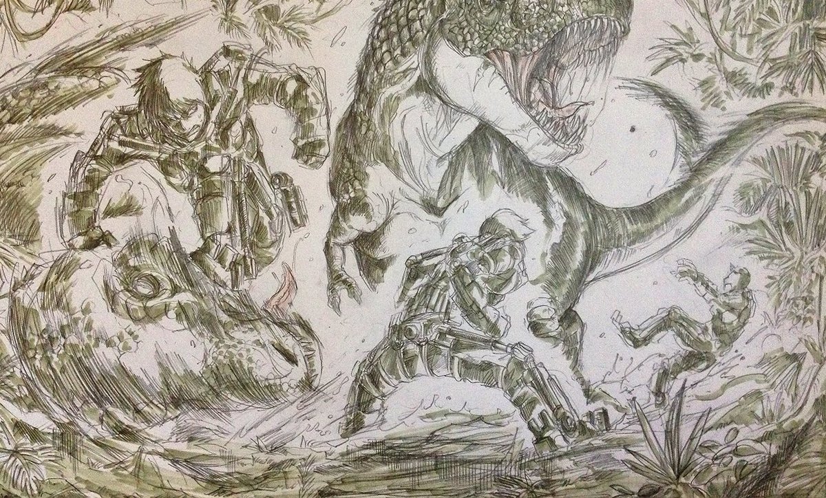 恐竜マンガを描き始めて少し経った2014年頃は、バトル系を求められる中試行錯誤する日々で、恐竜と闘うマンガは自然な流れでした。スナイパーとエクソスーツの2種類で描いてましたが連載叶わず(実力不足)。だから今回エグゾプライマルが出てきたのは正直悔しい気持ちもあり、それ以上に楽しみです。