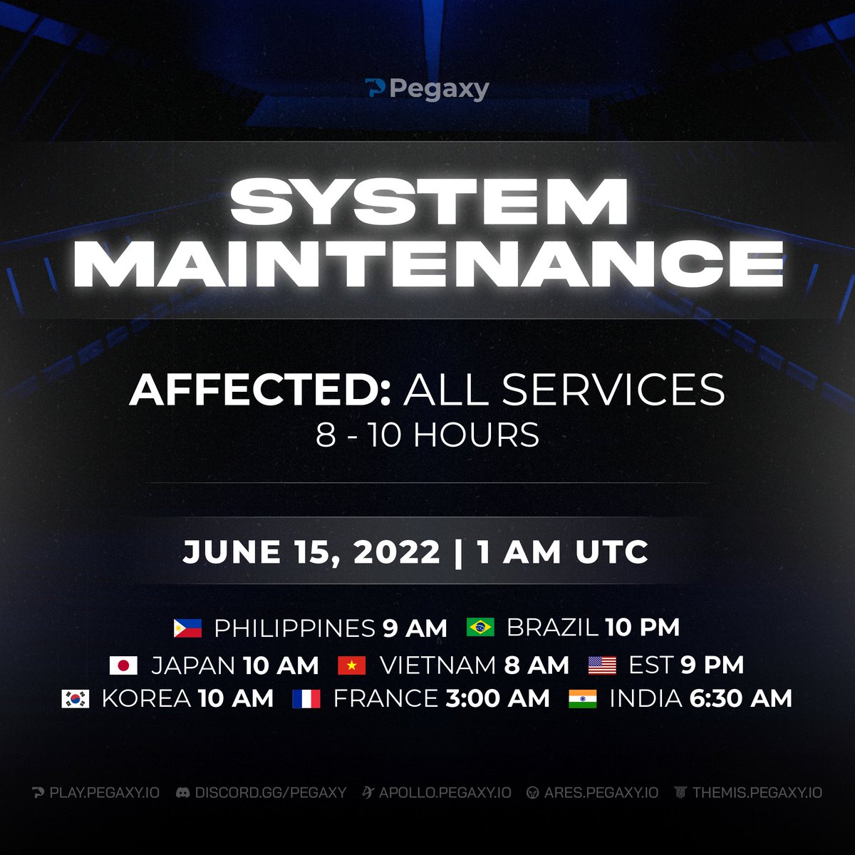 PegaxyOfficial's tweet photo. Important Reminder - System Maintenance 📢 

AFFECTED: ALL SERVICES 
🗓 June 15, 2022 
⏰ 1 AM UTC

We will hold system maintenance on the 15th of June, lasting up to 8-10 hours. Thank you for your patience and understanding! 🤝 

BRB, Pegaxians! 🐎 https://t.co/5cKuzc3H84