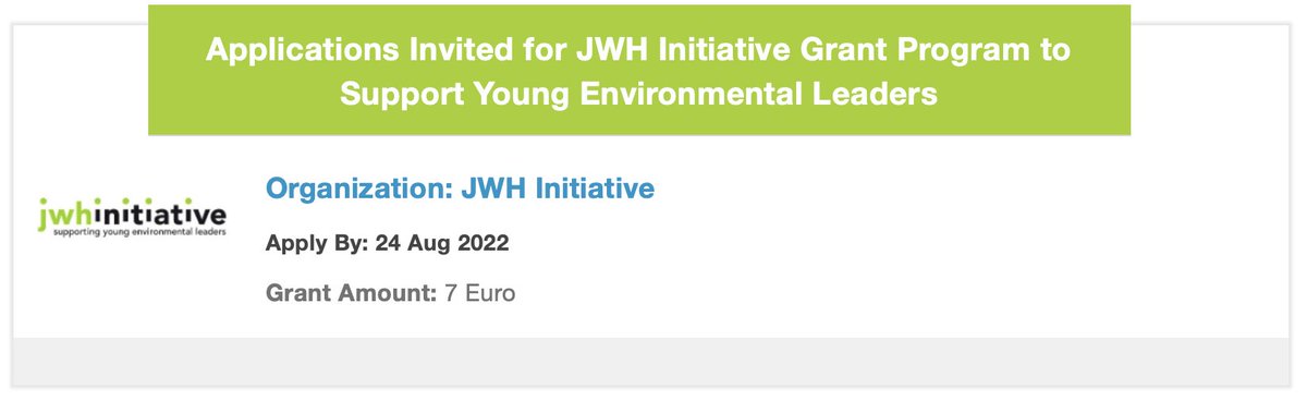 #funding 
JWHInitiative is inviting applications forJWH Initiative Grant Program to Support Young Environmental Leaders.Young people who work with environmental CSO’s can apply. 
Deadline- 24 Aug 2022
Grant Amount: 7 Euro
Apply: bit.ly/395O8dx 

#leadership #environment