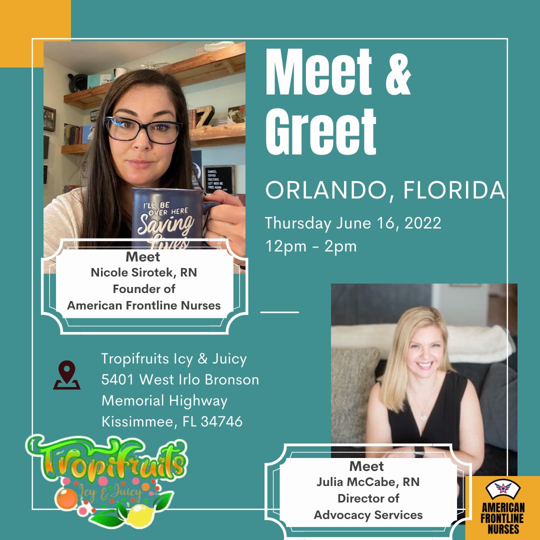 Ask_The_Nurses's tweet photo. Meet &amp; greet! Nicole Sirotek, RN, Founder of American Frontline Nurses and Julia McCabe, RN, Director of Patient Advocacy will be in Orlando, Florida this Thursday June 16, 2022 to speak at the 2022 Annual Provider Conference. https://t.co/rXdV39NCe0