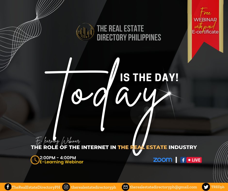 TREDph's tweet photo. Let’s all come together on The Real Estate Directory Ph Webinar, titled: "The Role of the Internet in the Real Estate Industry" with our Guest Speaker. Mr. Fulgencio Jeronimo M. Reyes. Join us today from 2:00 PM to 4:00 PM, you can join us on Zoom or via Facebook Live. https://t.co/Mw3geCsoik