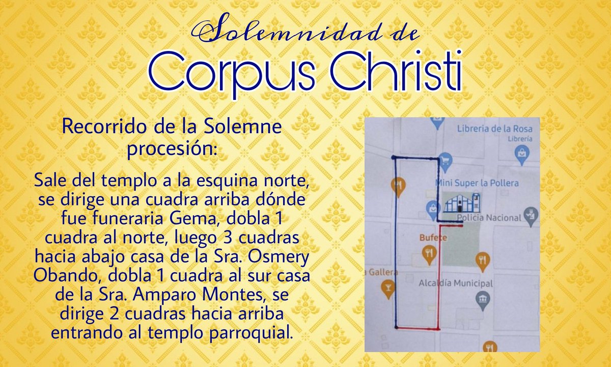 inmaculadavn's tweet photo. [SOLEMNE PROCESIÓN]

Queridos hermanos, compartimos con ustedes el recorrido de lo que será la procesión con Jesús Sacramentado este próximo domingo 19 de junio luego de la santa misa que se llevará a cabo a las 08:00 Am.

#Villanueva #PdCV https://t.co/l2HyIMXOnZ
